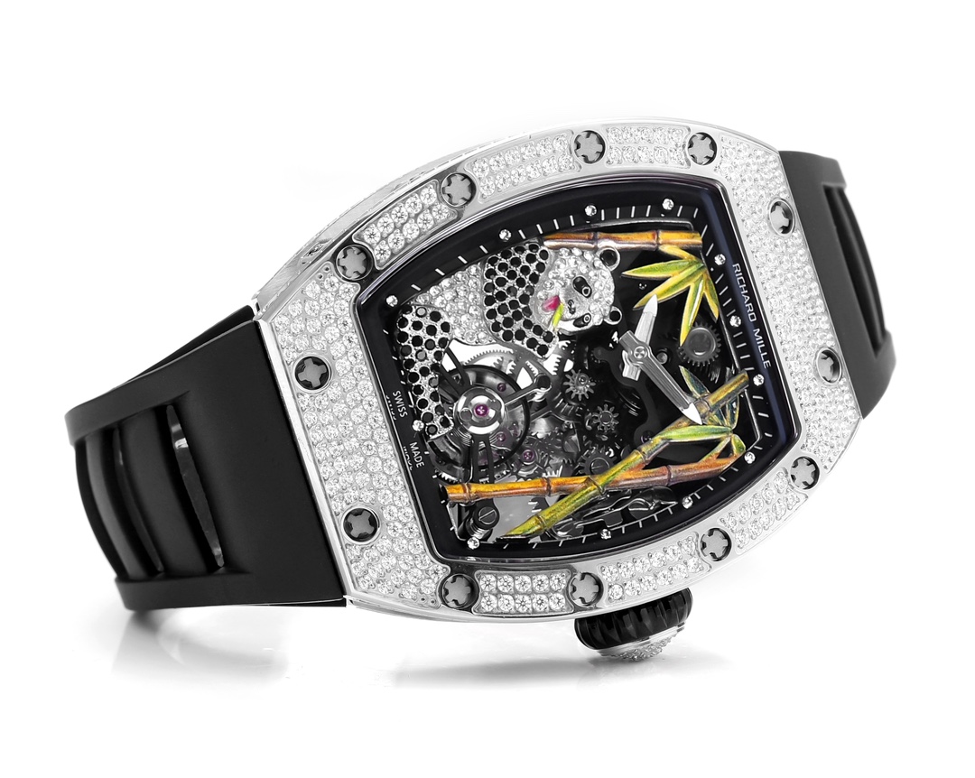 Richard Mille RM 26-01 Panda diamond-set white gold case, black bezel accents, black skeleton dial with panda motif, black rubber strap 40mm Unisex Mechanical
