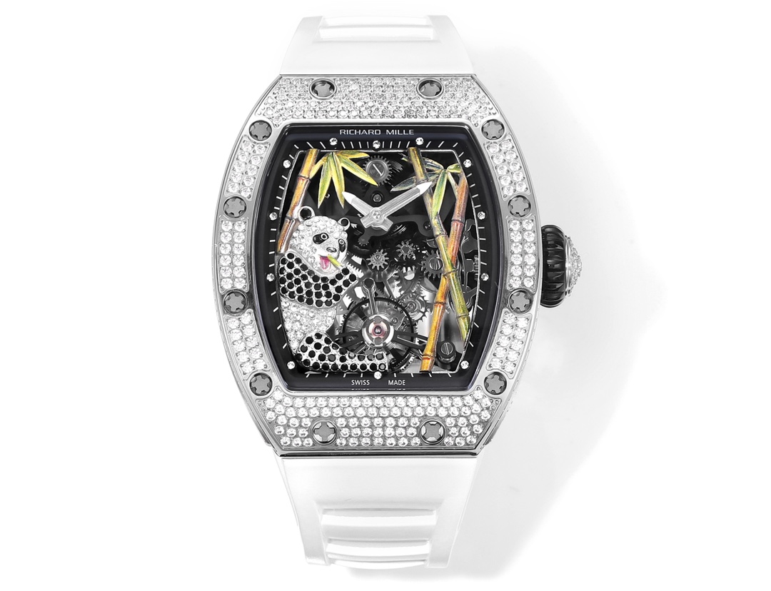 NO:741779,RM 'RICHARD MILLE Richard Mille RM26-01 National Treasure Giant Panda Inlaid Full Diamond Tourbillon Watch The giant panda represents innocence and friendliness. It is a cute animal loved by people and is regarded as a symbol of peace. As a symbol of the Chinese nation, the giant panda is recognized as a 'national treasure' and an ambassador of endangered species around the world. Richard Mille/RichardMille This watch is available in limited edition. The giant panda is carved from 18K white gold.  And integrated into the tourbillon, the whole body is paved with diamonds and black sapphires. It sits in a natural bamboo forest habitat, and the bamboo leaves and bamboo body are hand-carved and painted with gold. The fusion between high-end watchmaking and high-end jewelry creates imaginative artistic results and will bring joy to those who have been lucky enough to see giant pandas in the wild.  The complex and difficult line or angle design of the barrel watch case has been tested countless times during processing and production, which brings huge challenges to the production. Its bezel, middle case and bottom cover are all made of stainless steel and inlaid with titanium alloy screws to achieve a perfect harmony between the surface and the internal depth. The double hollow bottom plate allows the movement to be displayed from all angles. The entire shell is inlaid with sparkling diamond true flywheel mechanical watches,,,gold19860909RM「RICHARD MILLE  理查德 米勒 RM26-01 国宝大熊猫 镶嵌全钻陀飞轮腕表 大熊猫代表着纯真与友善,是备受人们喜爱的一种可爱动物,又被视为和平的象征.大熊猫作为中华民族的象征,是公认的“国宝”,同时也是全球濒危物种的大使. 理查米尔/RichardMille 此腕表限量发售.大熊猫采用18K白金精雕而成, 并融入陀飞轮当中,全身铺镶美钻和黑色蓝宝石.它坐在自然的竹林栖息地里,竹叶和竹身采用黄金手工雕刻、绘制而成.高级制表和高级珠宝之间的融合,缔造富有想象力的艺术成果,并将带给那些曾有幸在野外欣赏到大熊猫的人以欣喜. 酒桶表壳复杂高难度线条或角度设计,在加工制作时经过无数次测试,给制作带来巨大的挑战,它的表圈、中层表壳和表底盖全部是用不锈钢材料通过钛合金螺丝镶嵌而成,实现表面与内部深度的完美调和,双镂空底板更使得机芯从各个角度得以展现.全壳身镶嵌闪闪发光的钻石真飞轮机械腕表,,,gold,Watch