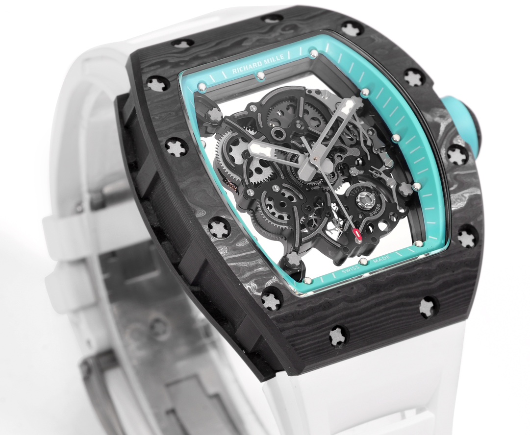 Richard Mille RM 055 Bubba Watson NTPT black NTPT case, turquoise bezel, skeleton dial, white strap 49.9mm Men's Automatic