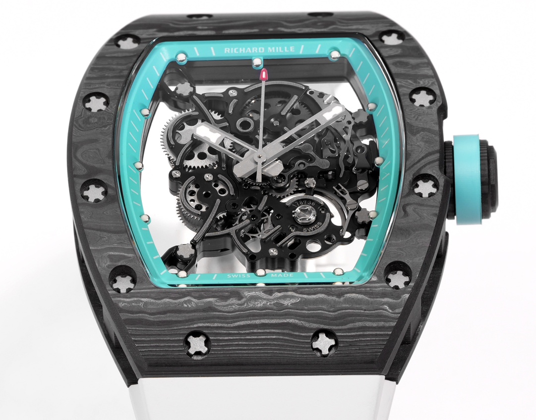 Richard Mille RM 055 Bubba Watson NTPT black NTPT case, turquoise bezel, skeleton dial, white strap 49.9mm Men's Automatic