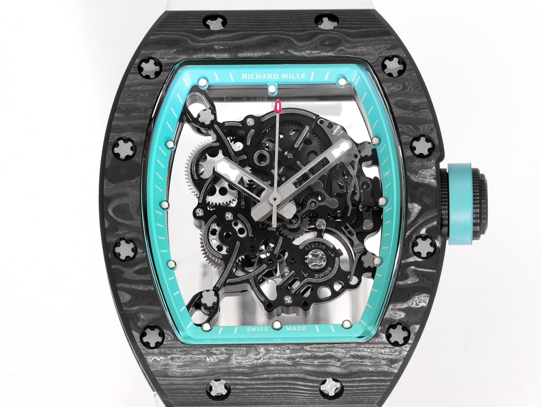 Richard Mille RM 055 Bubba Watson NTPT black NTPT case, turquoise bezel, skeleton dial, white strap 49.9mm Men's Automatic