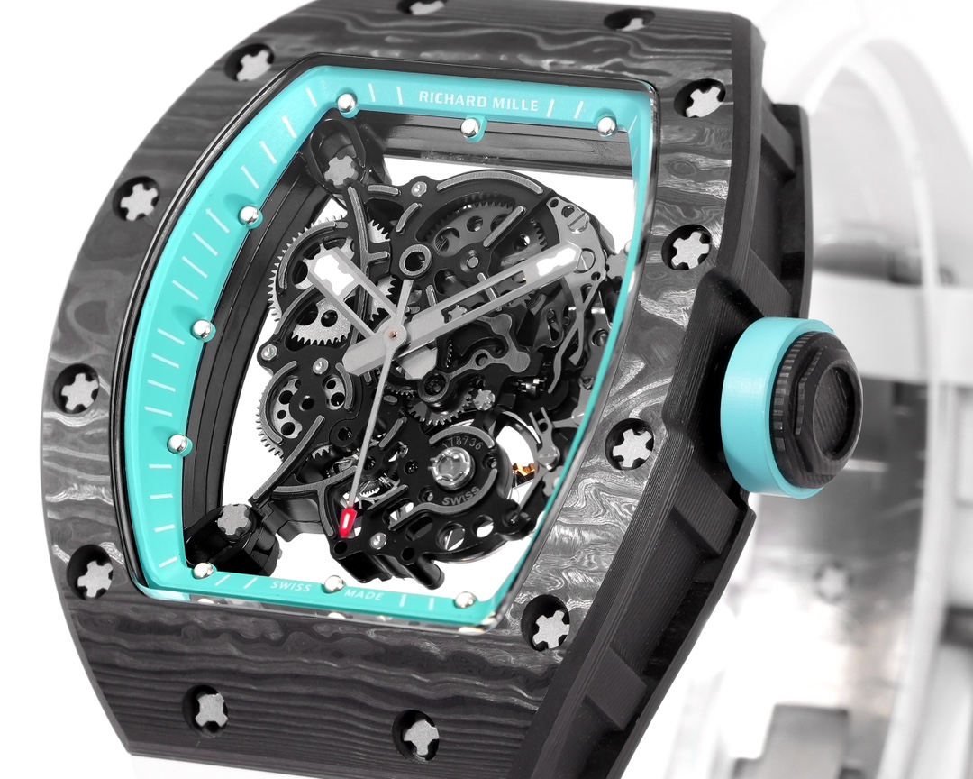 Richard Mille RM 055 Bubba Watson NTPT black NTPT case, turquoise bezel, skeleton dial, white strap 49.9mm Men's Automatic