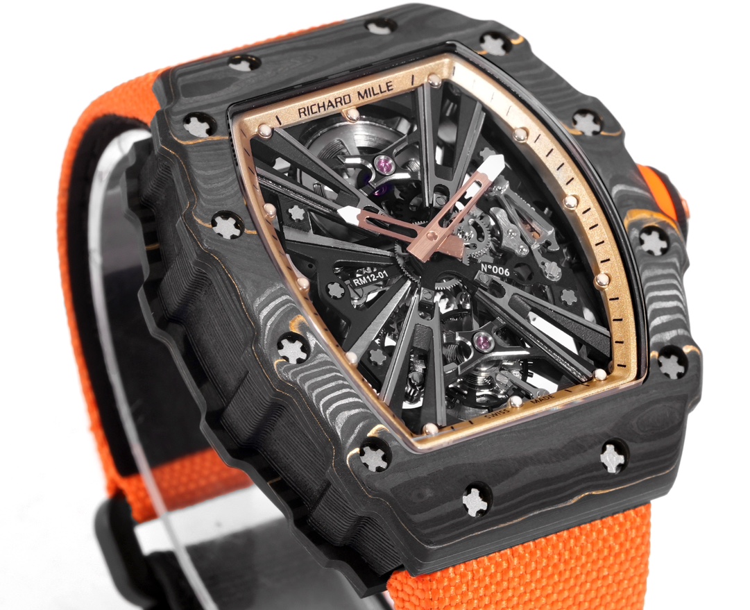 Richard Mille RM 12-01 Tourbillon boîtier TPT en carbone noir, lunette en or rose, cadran squelette, bracelet orange 39,3 mm Mécanique pour homme