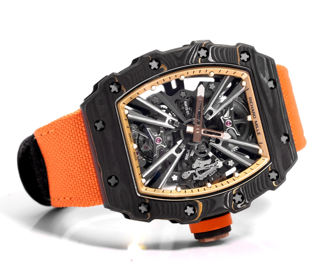 Richard Mille RM 12-01 Tourbillon boîtier TPT en carbone noir, lunette en or rose, cadran squelette, bracelet orange 39,3 mm Mécanique pour homme
