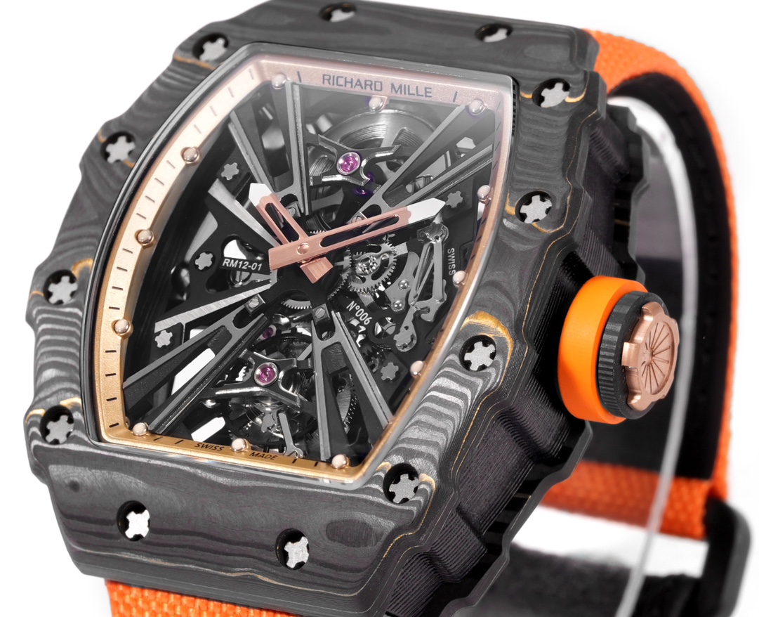 Richard Mille RM 12-01 Tourbillon boîtier TPT en carbone noir, lunette en or rose, cadran squelette, bracelet orange 39,3 mm Mécanique pour homme