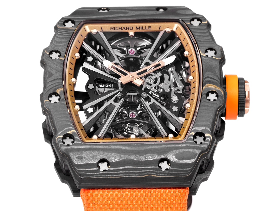 Richard Mille RM 12-01 Tourbillon boîtier TPT en carbone noir, lunette en or rose, cadran squelette, bracelet orange 39,3 mm Mécanique pour homme