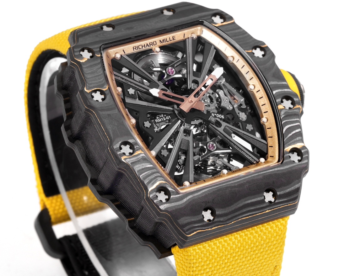 Richard Mille RM 12-01 Tourbillon Gold Carbon TPT lunetta/cassa in carbonio nero, accenti dorati, quadrante scheletrato, cinturino giallo 50 mm Automatico da uomo