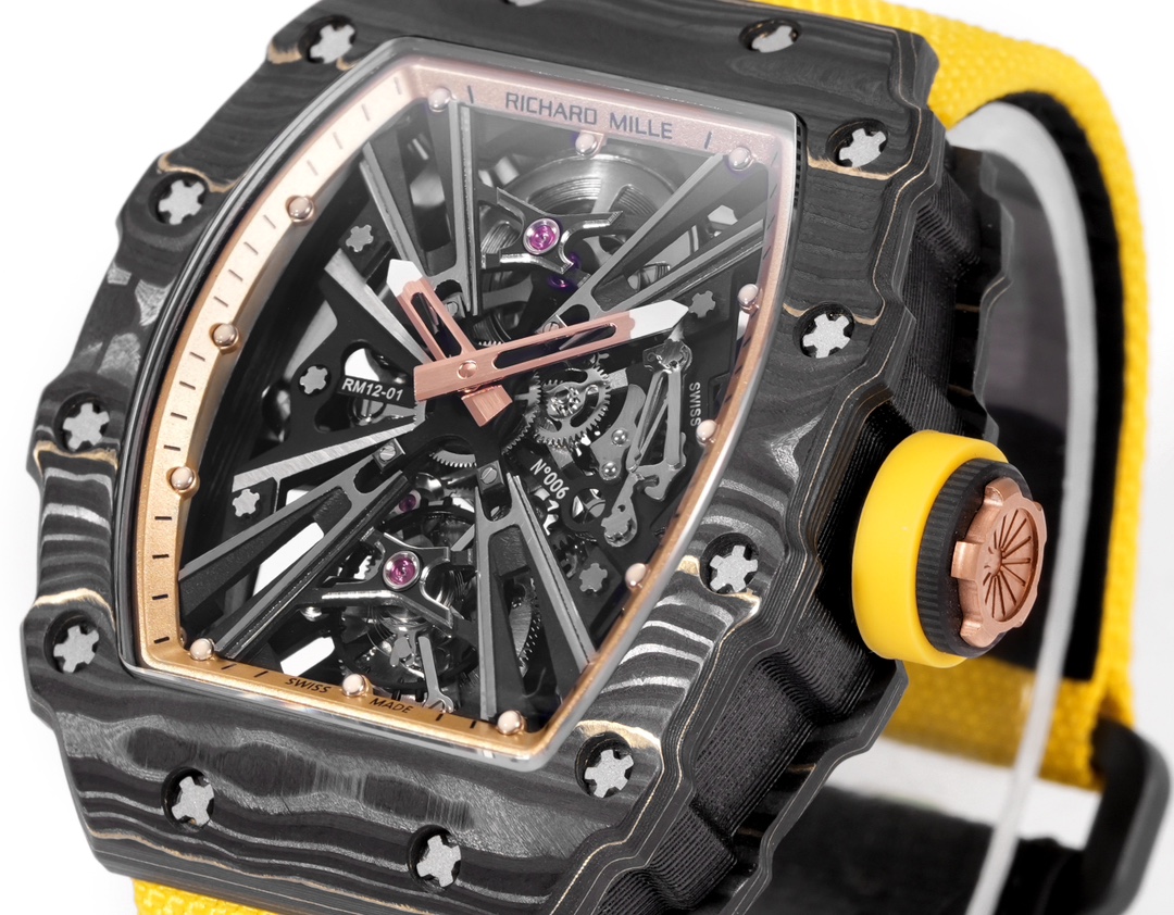 Richard Mille RM 12-01 Tourbillon Gold Carbon TPT lunetta/cassa in carbonio nero, accenti dorati, quadrante scheletrato, cinturino giallo 50 mm Automatico da uomo
