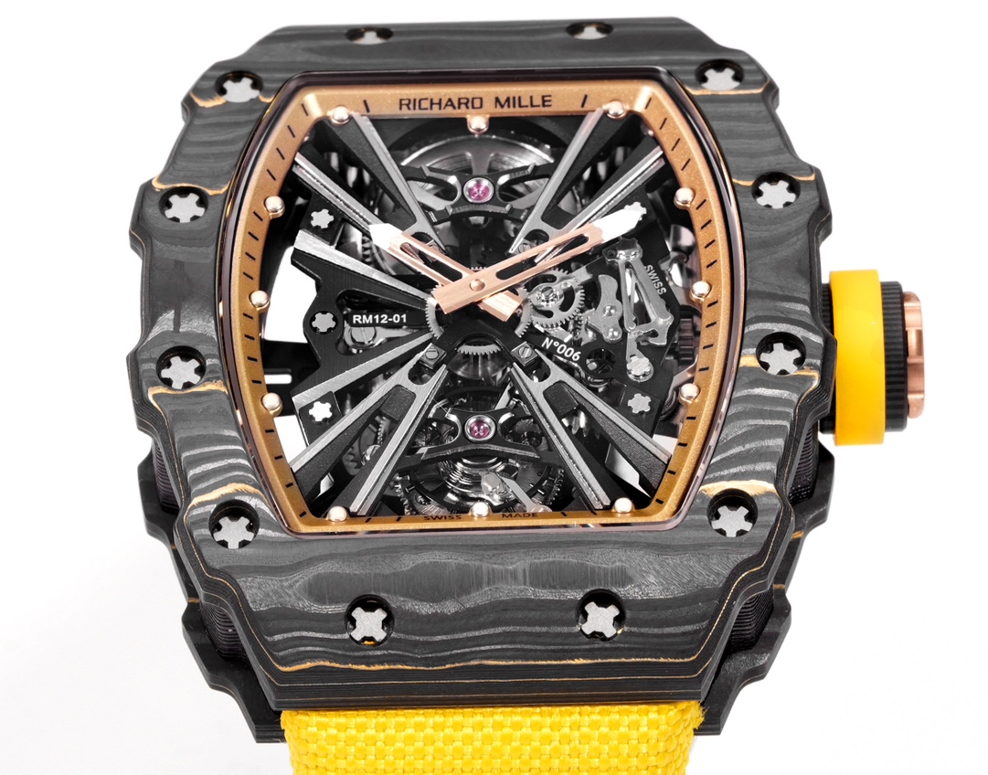 Richard Mille RM 12-01 Tourbillon Gold Carbon TPT lunetta/cassa in carbonio nero, accenti dorati, quadrante scheletrato, cinturino giallo 50 mm Automatico da uomo