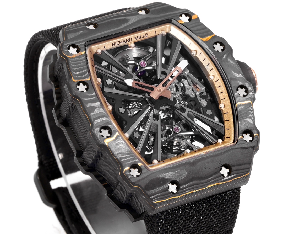 Richard Mille RM 12-01 cassa TPT in carbonio nero, lunetta in oro rosa, quadrante scheletrato, cinturino nero 42 mm Automatico da uomo