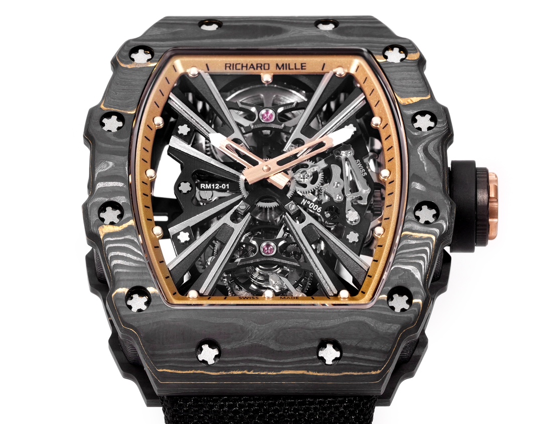 Richard Mille RM 12-01 cassa TPT in carbonio nero, lunetta in oro rosa, quadrante scheletrato, cinturino nero 42 mm Automatico da uomo