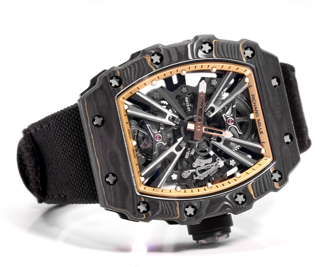 Richard Mille RM 12-01 cassa TPT in carbonio nero, lunetta in oro rosa, quadrante scheletrato, cinturino nero 42 mm Automatico da uomo