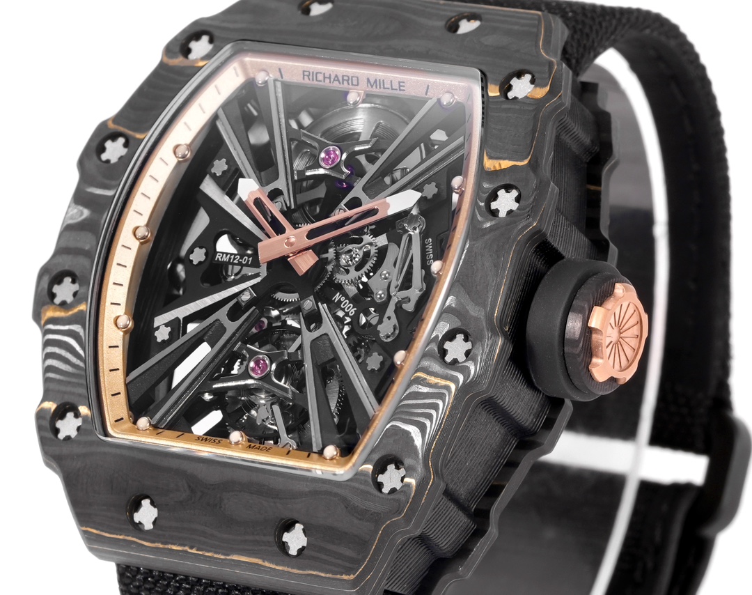 Richard Mille RM 12-01 cassa TPT in carbonio nero, lunetta in oro rosa, quadrante scheletrato, cinturino nero 42 mm Automatico da uomo