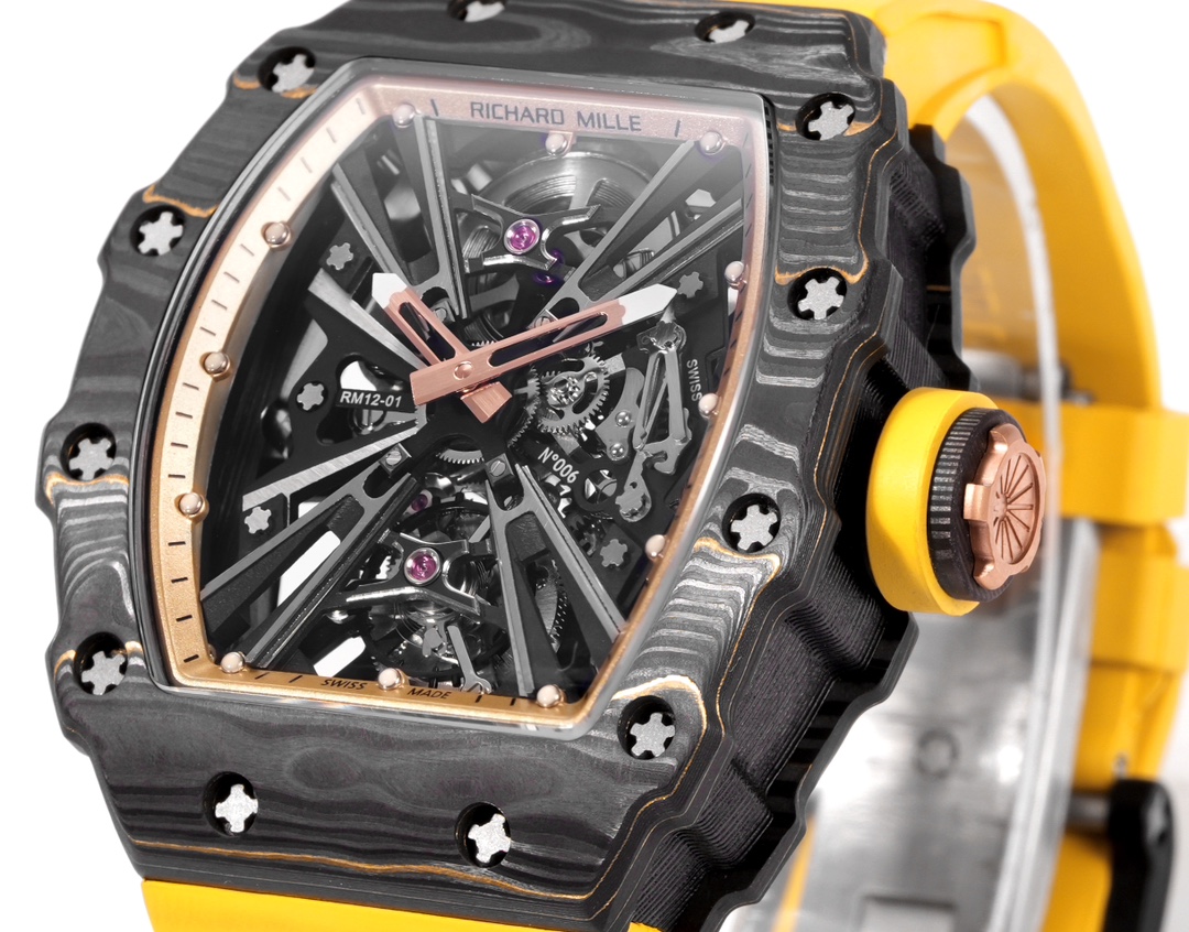 Richard Mille RM12-01 caixa preta em carbono TPT, moldura dourada, mostrador esqueleto, pulseira amarela 42,7 mm masculina automática