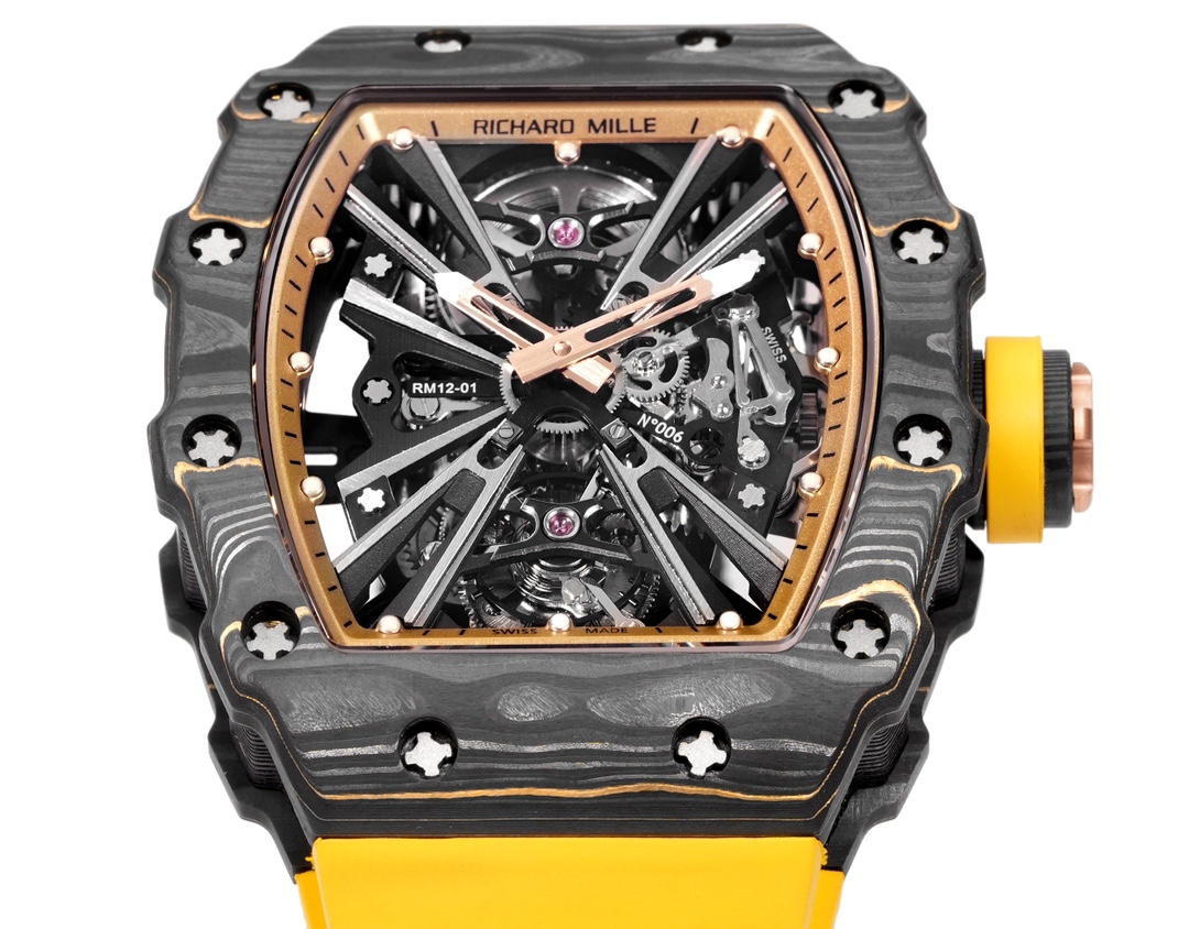 Richard Mille RM12-01 caixa preta em carbono TPT, moldura dourada, mostrador esqueleto, pulseira amarela 42,7 mm masculina automática