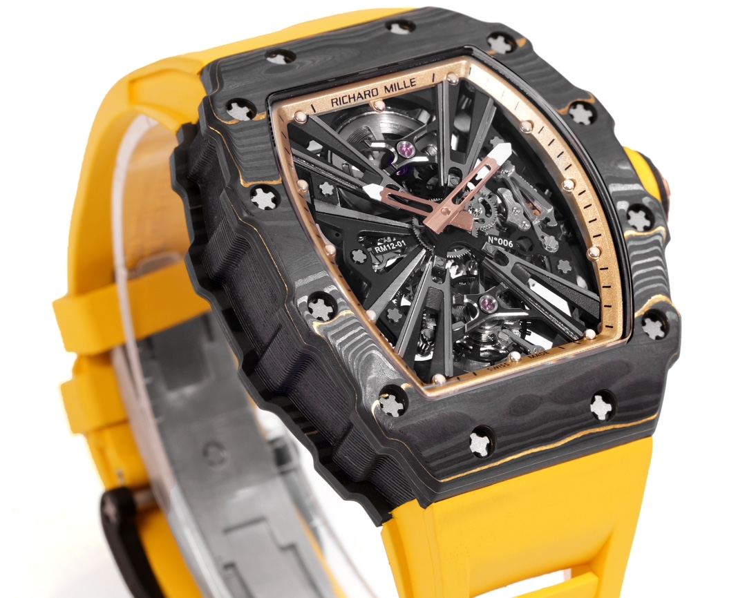 Richard Mille RM12-01 caixa preta em carbono TPT, moldura dourada, mostrador esqueleto, pulseira amarela 42,7 mm masculina automática