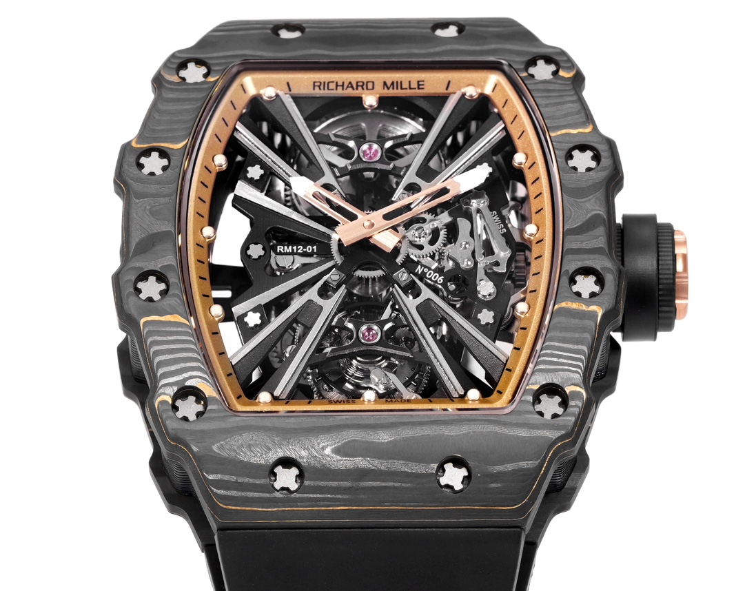 Richard Mille RM 12-01 Tourbillon Gold Carbon TPT caixa preta Carbon TPT, moldura interna em ouro rosa, mostrador esqueleto preto, pulseira de borracha preta 39 mm masculino mecânico
