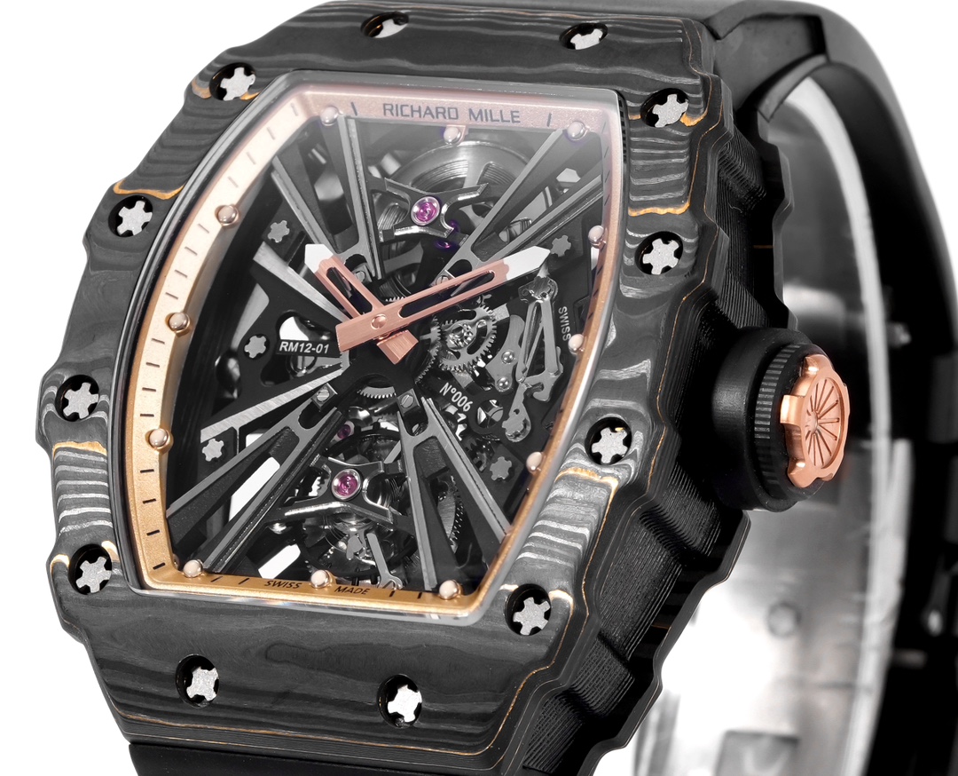 [Richard Mille Watches]Richard Mille Gold Carbon Fiber RM12 01 The barrel shap