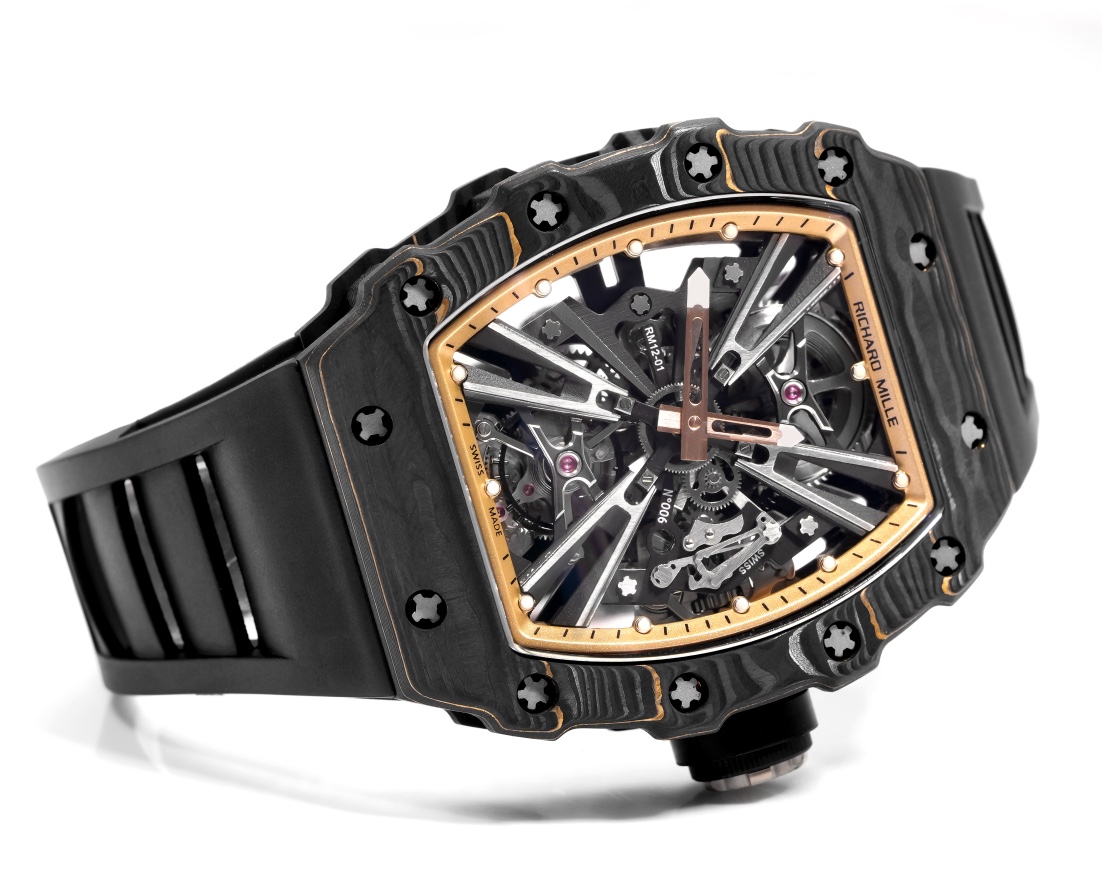 Richard Mille RM 12-01 Tourbillon Gold Carbon TPT caixa preta Carbon TPT, moldura interna em ouro rosa, mostrador esqueleto preto, pulseira de borracha preta 39 mm masculino mecânico