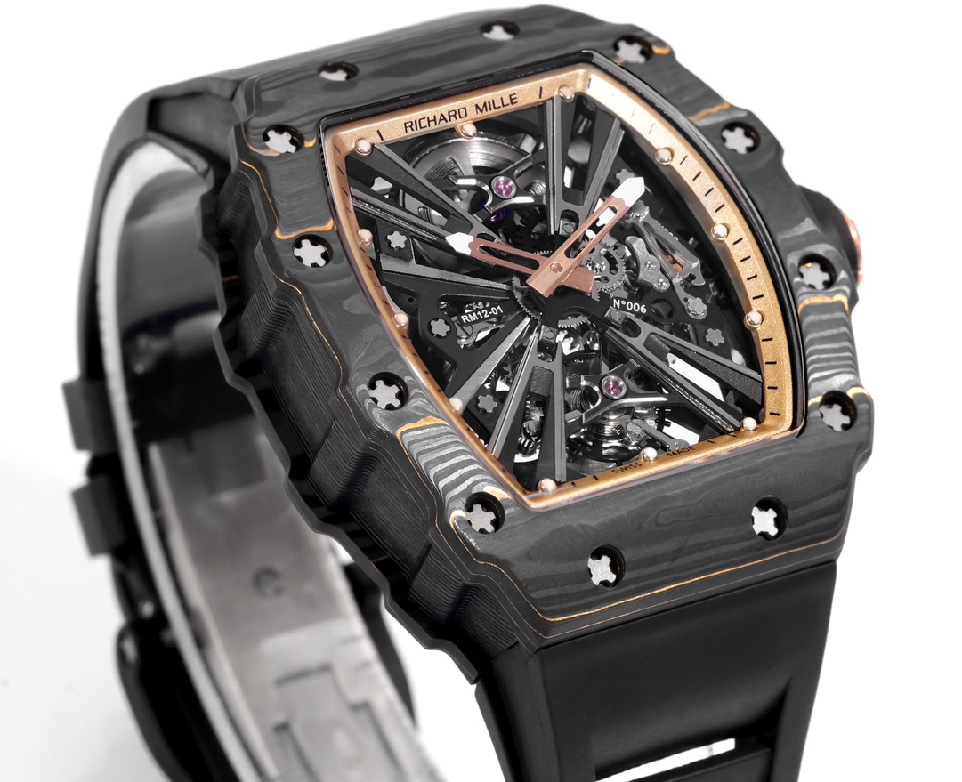 Richard Mille RM 12-01 Tourbillon Gold Carbon TPT caixa preta Carbon TPT, moldura interna em ouro rosa, mostrador esqueleto preto, pulseira de borracha preta 39 mm masculino mecânico