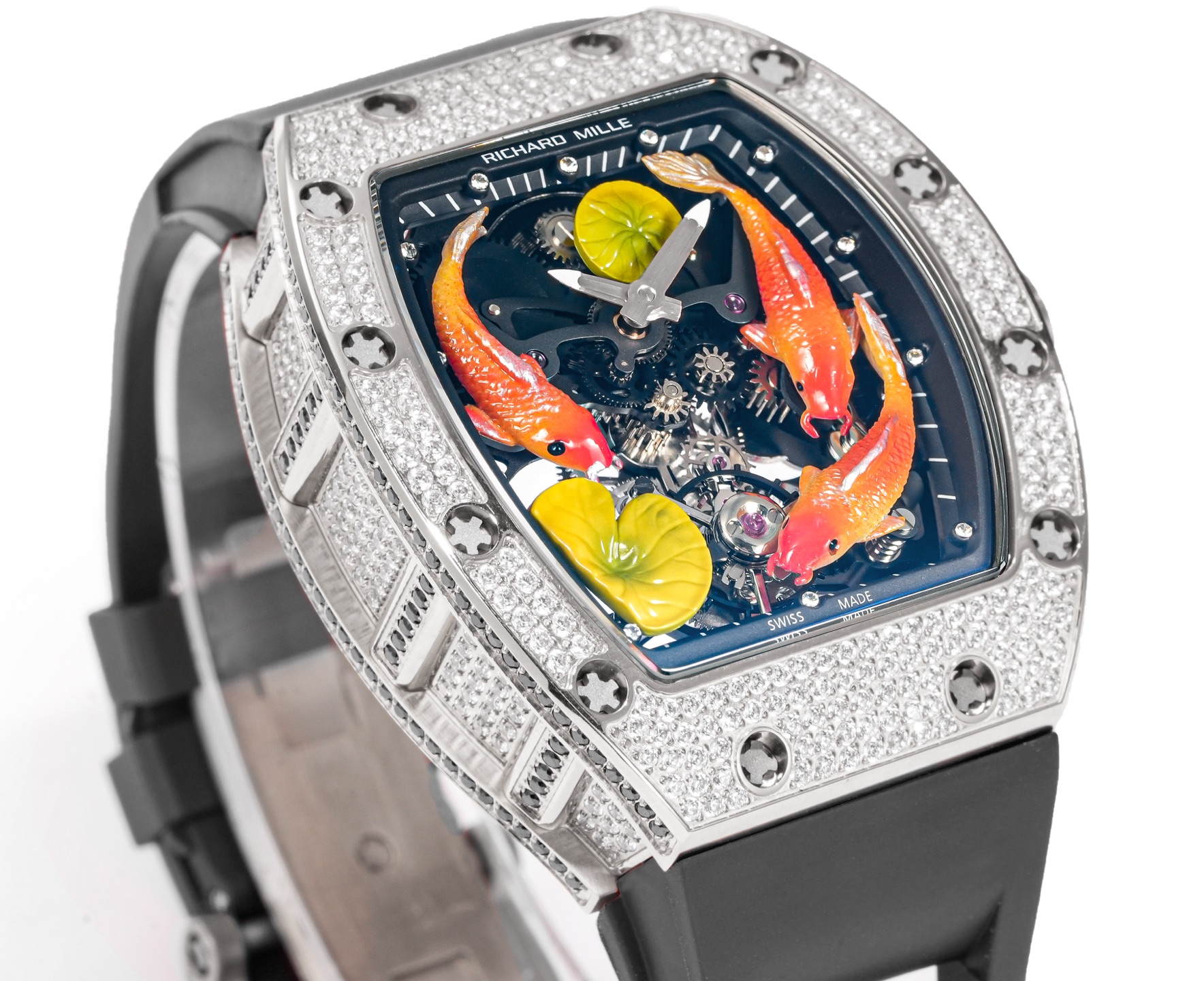 Richard Mille RM 57-03 Tourbillon Sapphire Dragon diamond-set white case, black bezel inner flange, skeleton dial with orange koi motifs, black rubber strap 38mm Unisex Mechanical