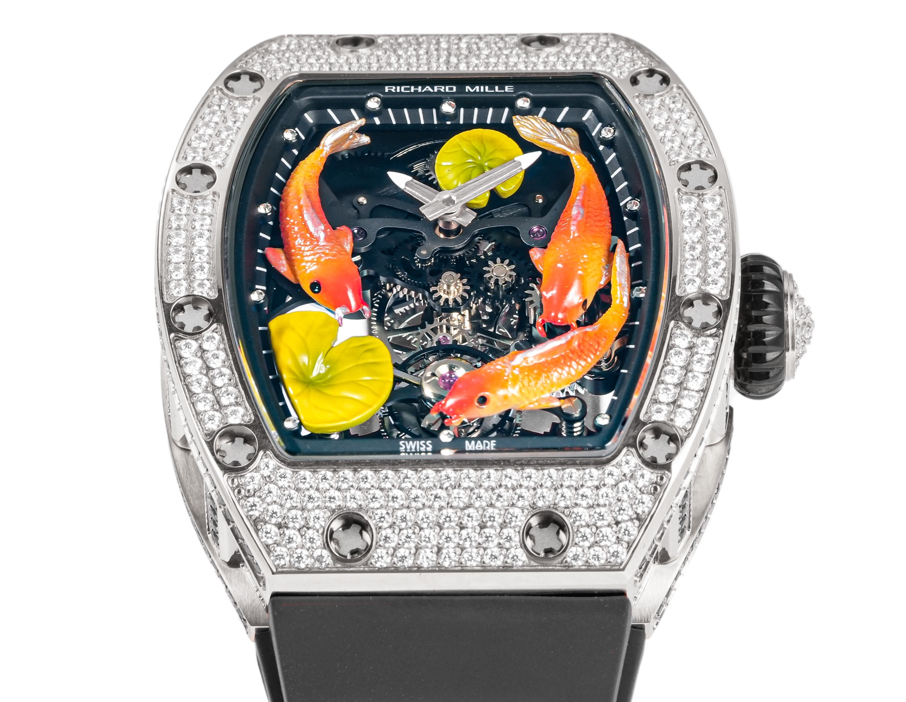 Richard Mille RM 57-03 Tourbillon Sapphire Dragon diamond-set white case, black bezel inner flange, skeleton dial with orange koi motifs, black rubber strap 38mm Unisex Mechanical