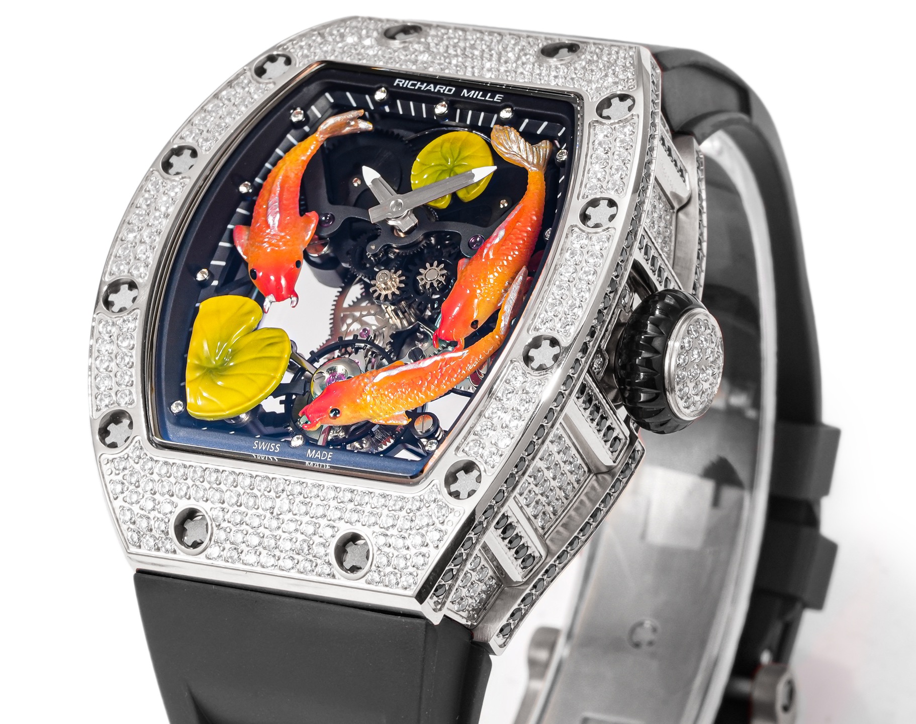 Richard Mille RM 57-03 Tourbillon Sapphire Dragon diamond-set white case, black bezel inner flange, skeleton dial with orange koi motifs, black rubber strap 38mm Unisex Mechanical