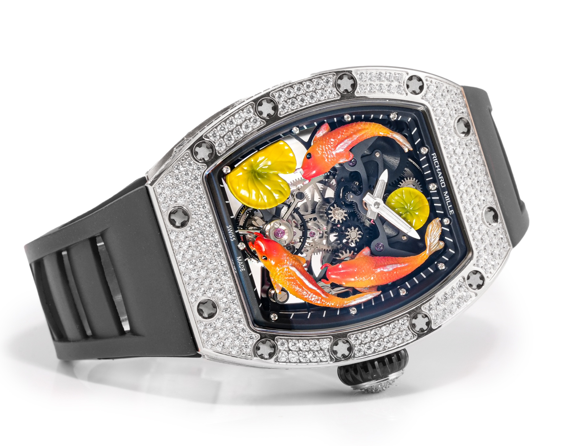 Richard Mille RM 57-03 Tourbillon Sapphire Dragon diamond-set white case, black bezel inner flange, skeleton dial with orange koi motifs, black rubber strap 38mm Unisex Mechanical