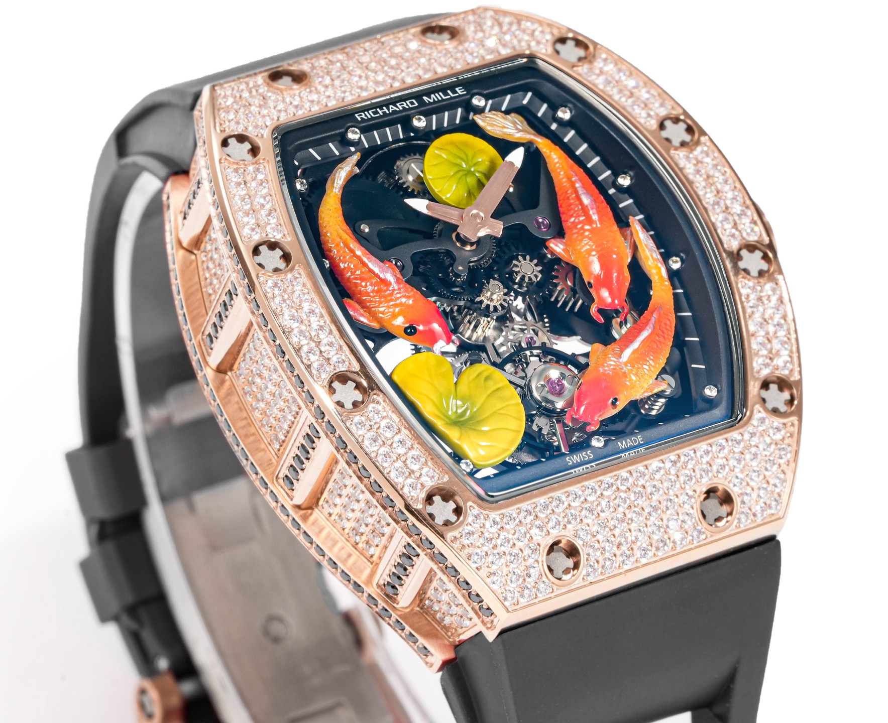 Richard Mille RM 57-03 Tourbillon Sapphire Dragon rose gold diamond-set case, black bezel, skeleton dial with koi motif, black rubber strap 42mm Unisex Mechanical