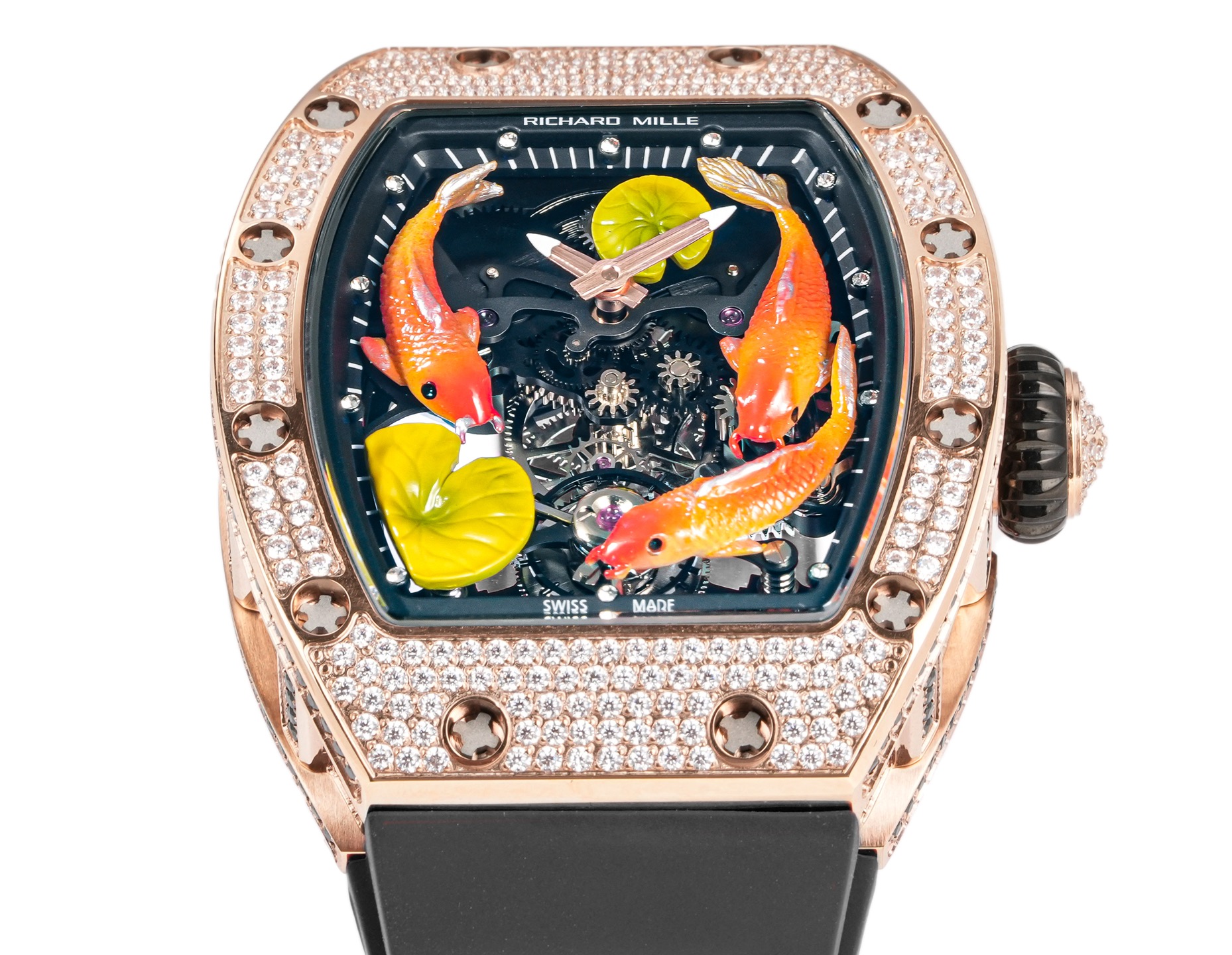 Richard Mille RM 57-03 Tourbillon Sapphire Dragon rose gold diamond-set case, black bezel, skeleton dial with koi motif, black rubber strap 42mm Unisex Mechanical