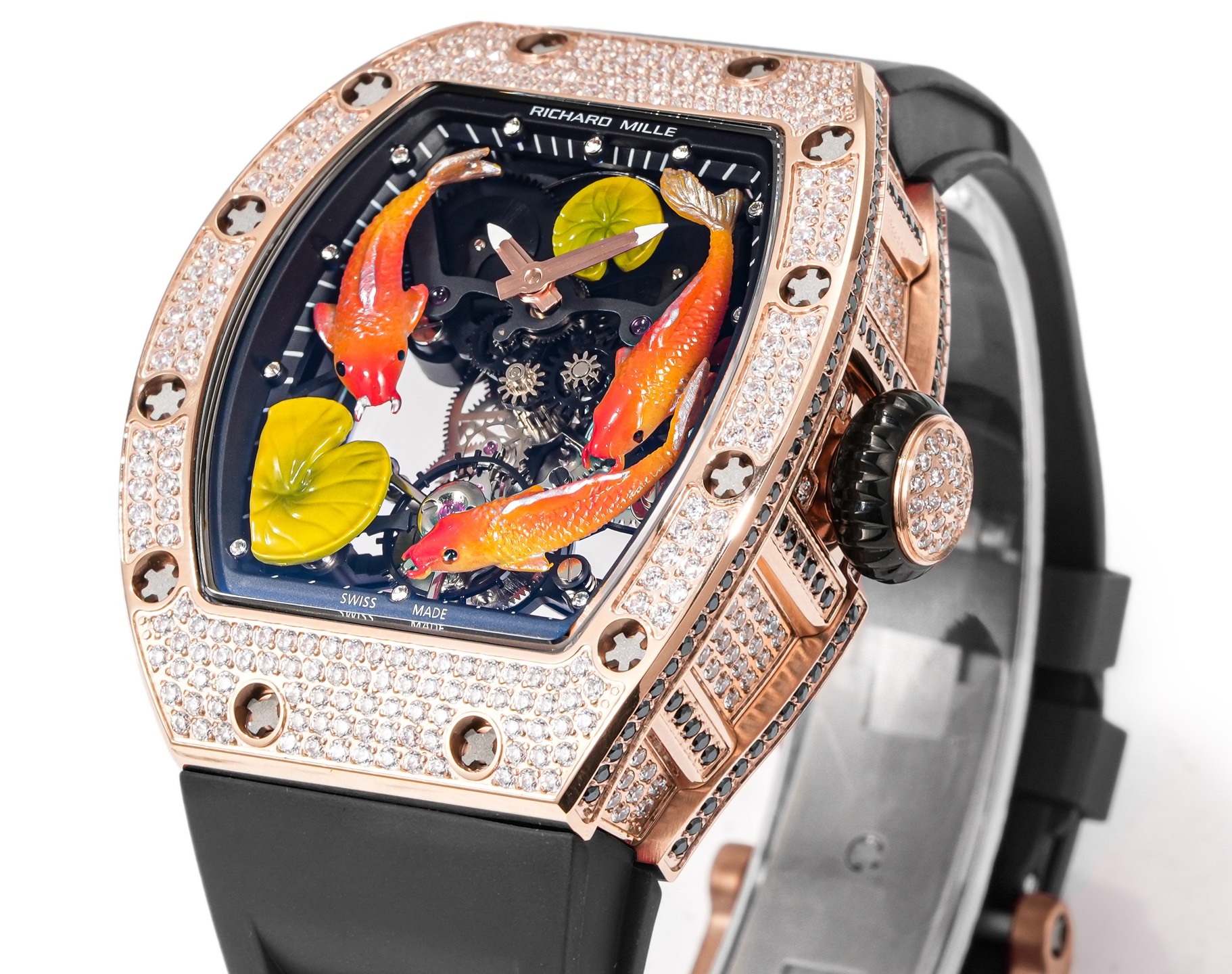Richard Mille RM 57-03 Tourbillon Sapphire Dragon rose gold diamond-set case, black bezel, skeleton dial with koi motif, black rubber strap 42mm Unisex Mechanical
