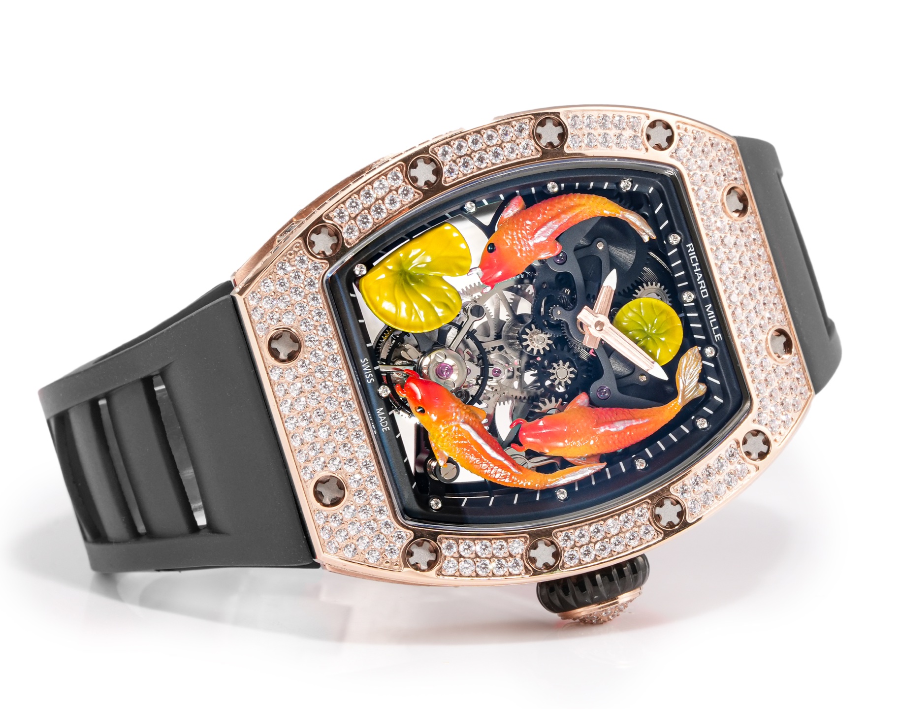 Richard Mille RM 57-03 Tourbillon Sapphire Dragon rose gold diamond-set case, black bezel, skeleton dial with koi motif, black rubber strap 42mm Unisex Mechanical