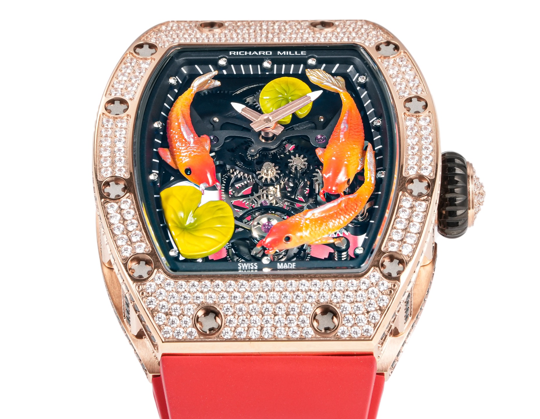 Richard Mille RM 07-01 rose gold diamond-set case / bezel, black skeleton dial, red rubber strap 45mm Women's Automatic