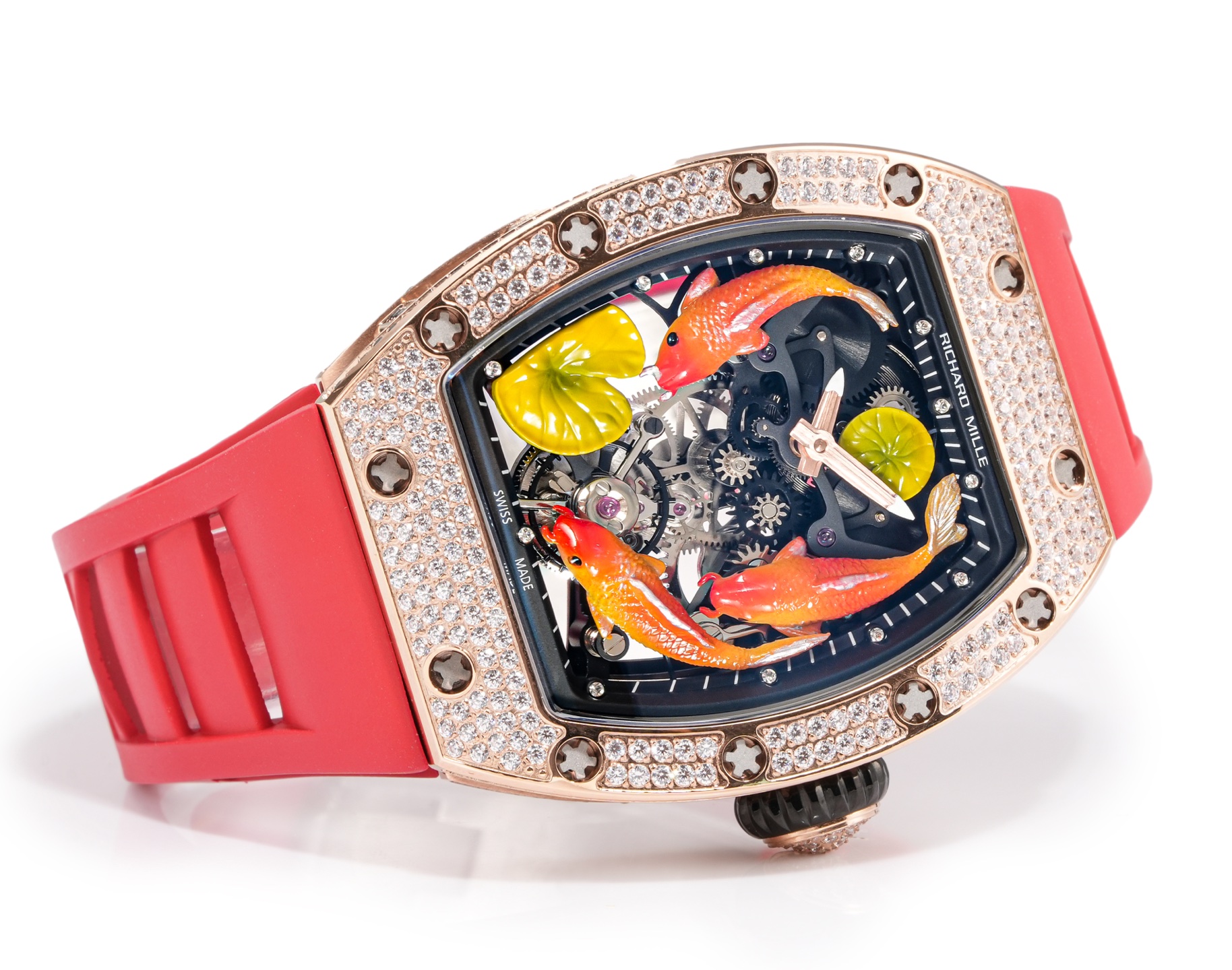 Richard Mille RM 07-01 rose gold diamond-set case / bezel, black skeleton dial, red rubber strap 45mm Women's Automatic
