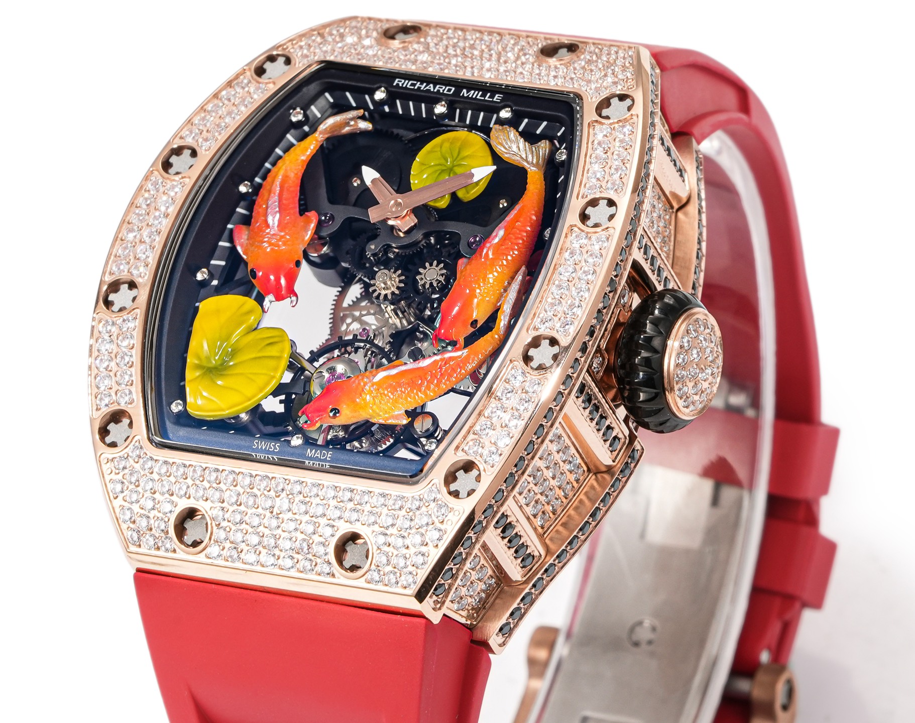 Richard Mille RM 07-01 rose gold diamond-set case / bezel, black skeleton dial, red rubber strap 45mm Women's Automatic