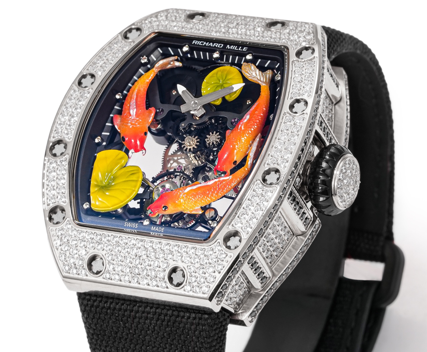 Richard Mille RM 010 diamond-set titanium case, black skeleton dial, black strap 48mm Men's Automatic