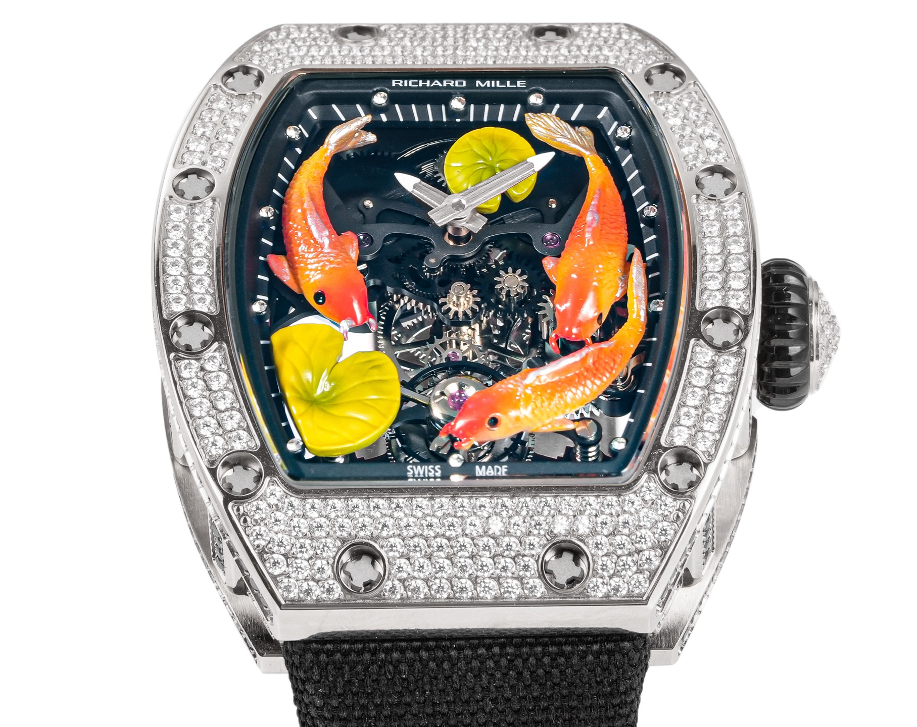 Richard Mille RM 010 diamond-set titanium case, black skeleton dial, black strap 48mm Men's Automatic