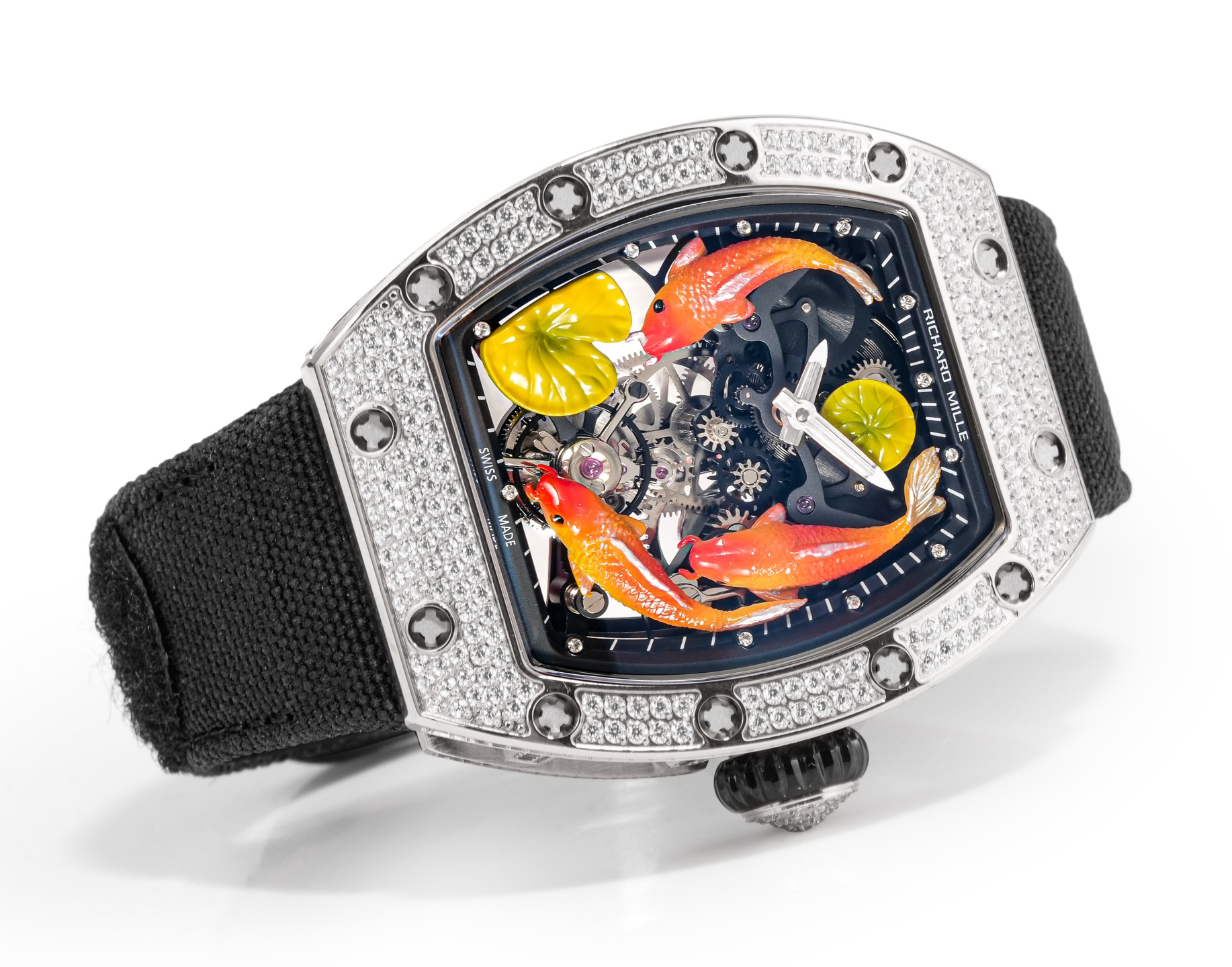 Richard Mille RM 010 diamond-set titanium case, black skeleton dial, black strap 48mm Men's Automatic