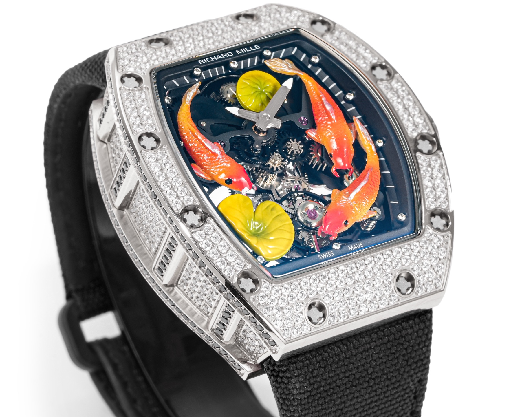 Richard Mille RM 010 diamond-set titanium case, black skeleton dial, black strap 48mm Men's Automatic