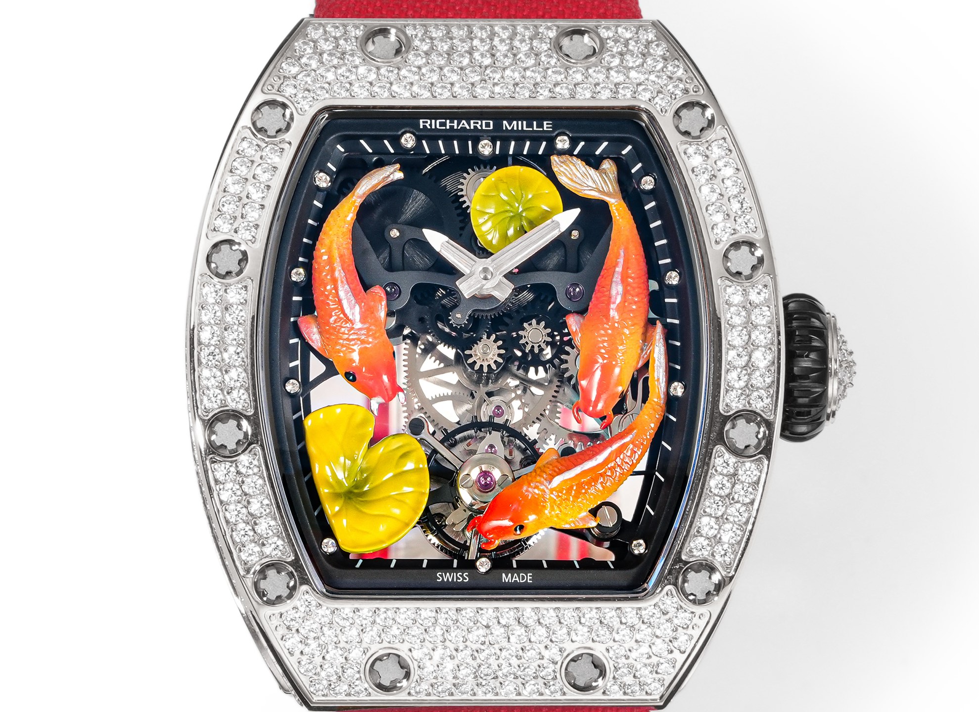 Richard Mille RM 57-03 Tourbillon Sapphire Dragon diamond-set white case, black skeleton dial with orange koi motif, red strap 38.7mm Men's Mechanical