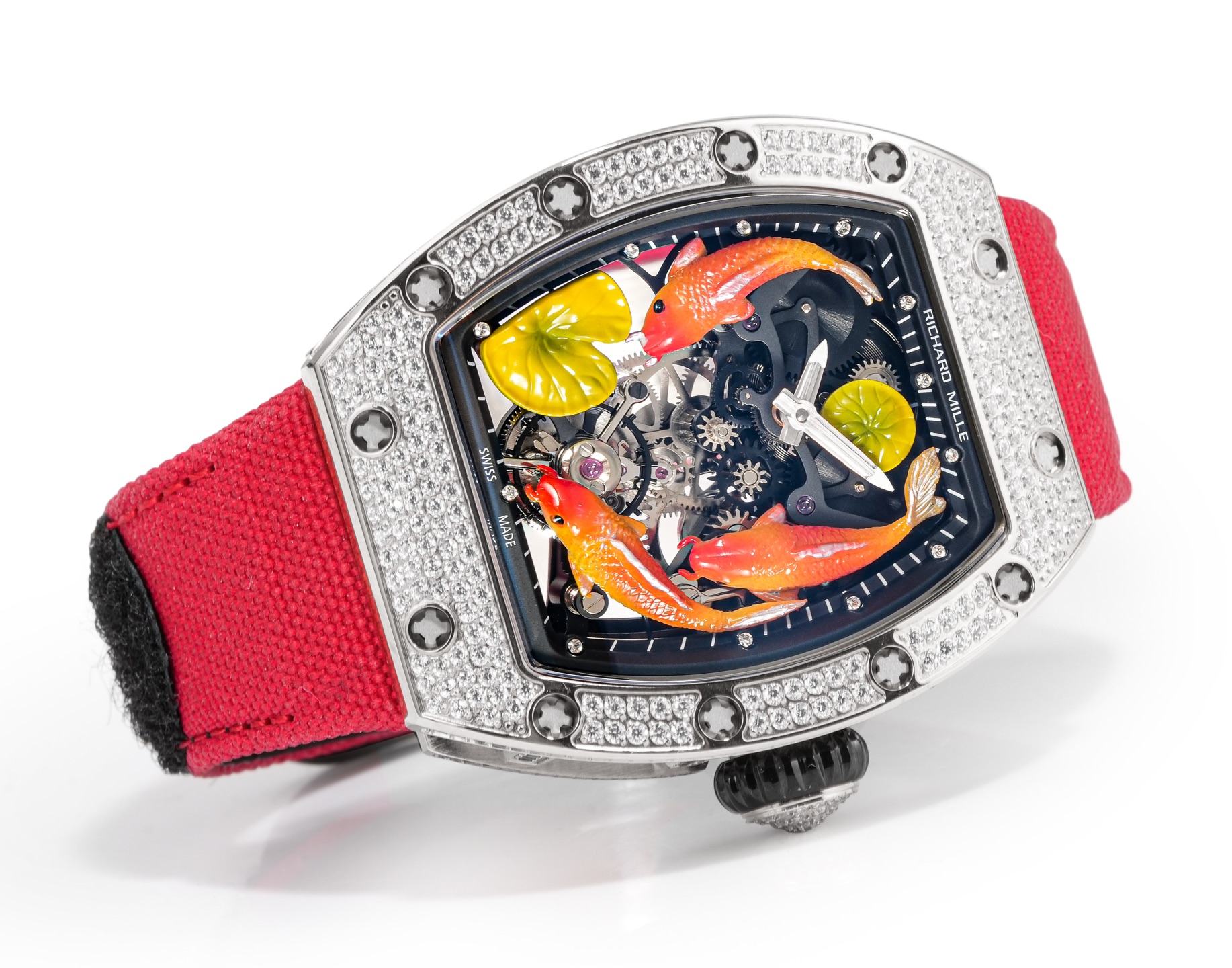Richard Mille RM 57-03 Tourbillon Sapphire Dragon diamond-set white case, black skeleton dial with orange koi motif, red strap 38.7mm Men's Mechanical