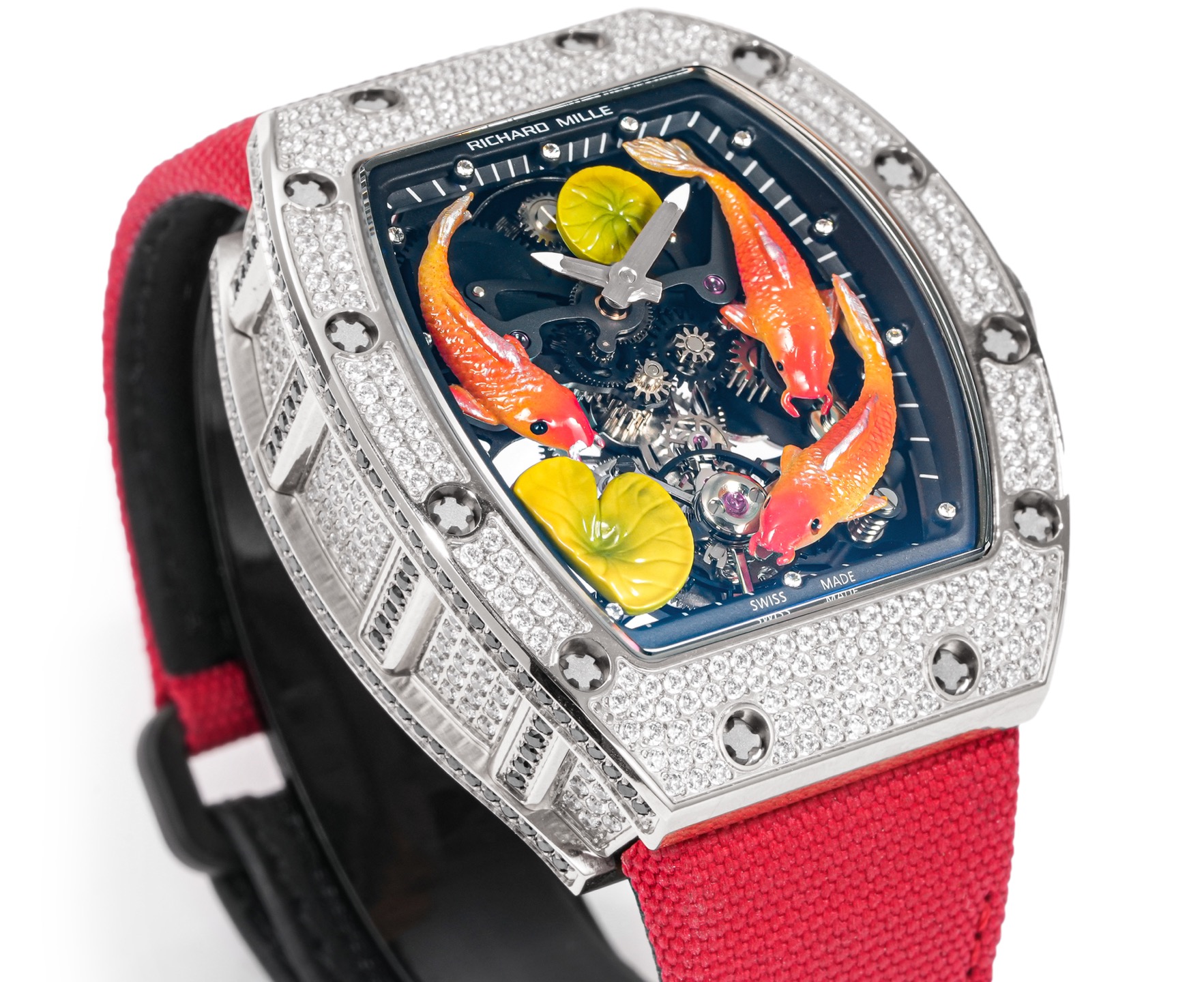 Richard Mille RM 57-03 Tourbillon Sapphire Dragon diamond-set white case, black skeleton dial with orange koi motif, red strap 38.7mm Men's Mechanical