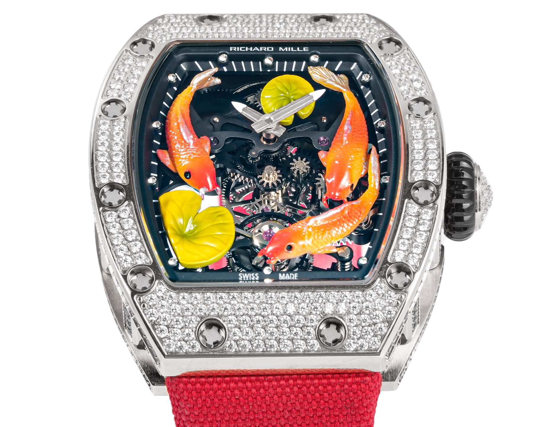 Richard Mille RM 57-03 Tourbillon Sapphire Dragon diamond-set white case, black skeleton dial with orange koi motif, red strap 38.7mm Men's Mechanical