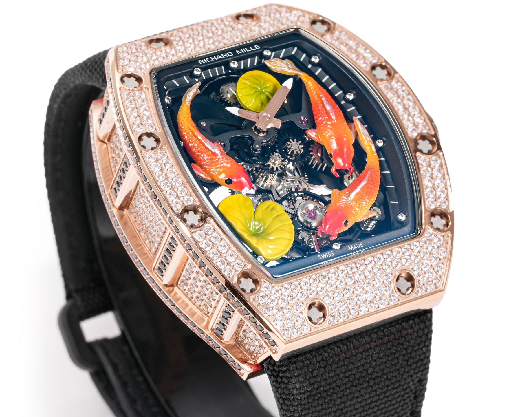 Richard Mille RM 51-01 Tourbillon Tiger and Dragon Michelle Yeoh rose gold diamond-set case, black bezel inner flange, skeleton dial with orange koi motif, black strap 40mm Women's Mechanical