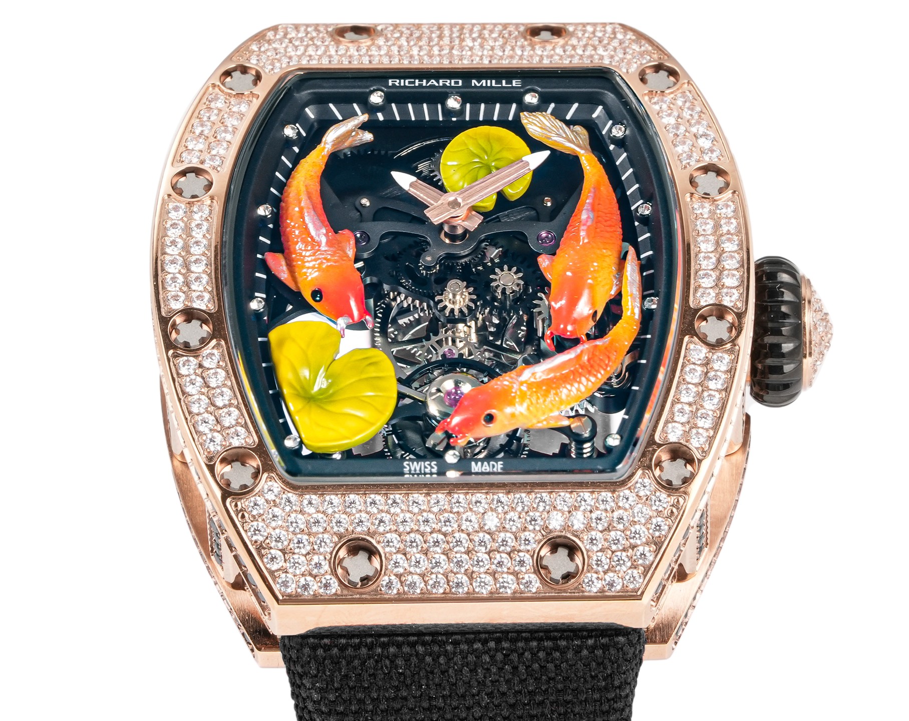 Richard Mille RM 51-01 Tourbillon Tiger and Dragon Michelle Yeoh rose gold diamond-set case, black bezel inner flange, skeleton dial with orange koi motif, black strap 40mm Women's Mechanical