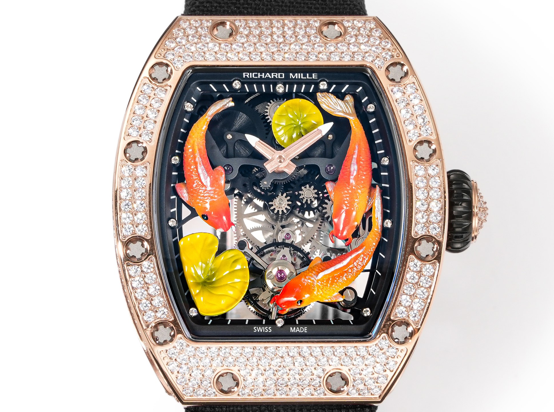 Richard Mille RM 51-01 Tourbillon Tiger and Dragon Michelle Yeoh rose gold diamond-set case, black bezel inner flange, skeleton dial with orange koi motif, black strap 40mm Women's Mechanical