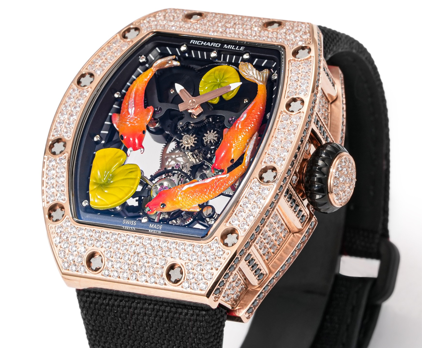Richard Mille RM 51-01 Tourbillon Tiger and Dragon Michelle Yeoh rose gold diamond-set case, black bezel inner flange, skeleton dial with orange koi motif, black strap 40mm Women's Mechanical