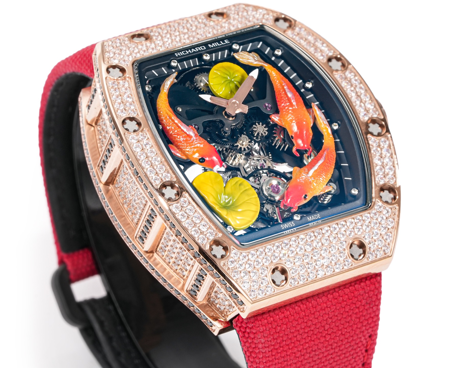 Richard Mille RM 71-01 Automatic Tourbillon Talisman Koi Fish rose gold diamond-set case, black skeleton dial, red strap 38.4mm Women's Automatic