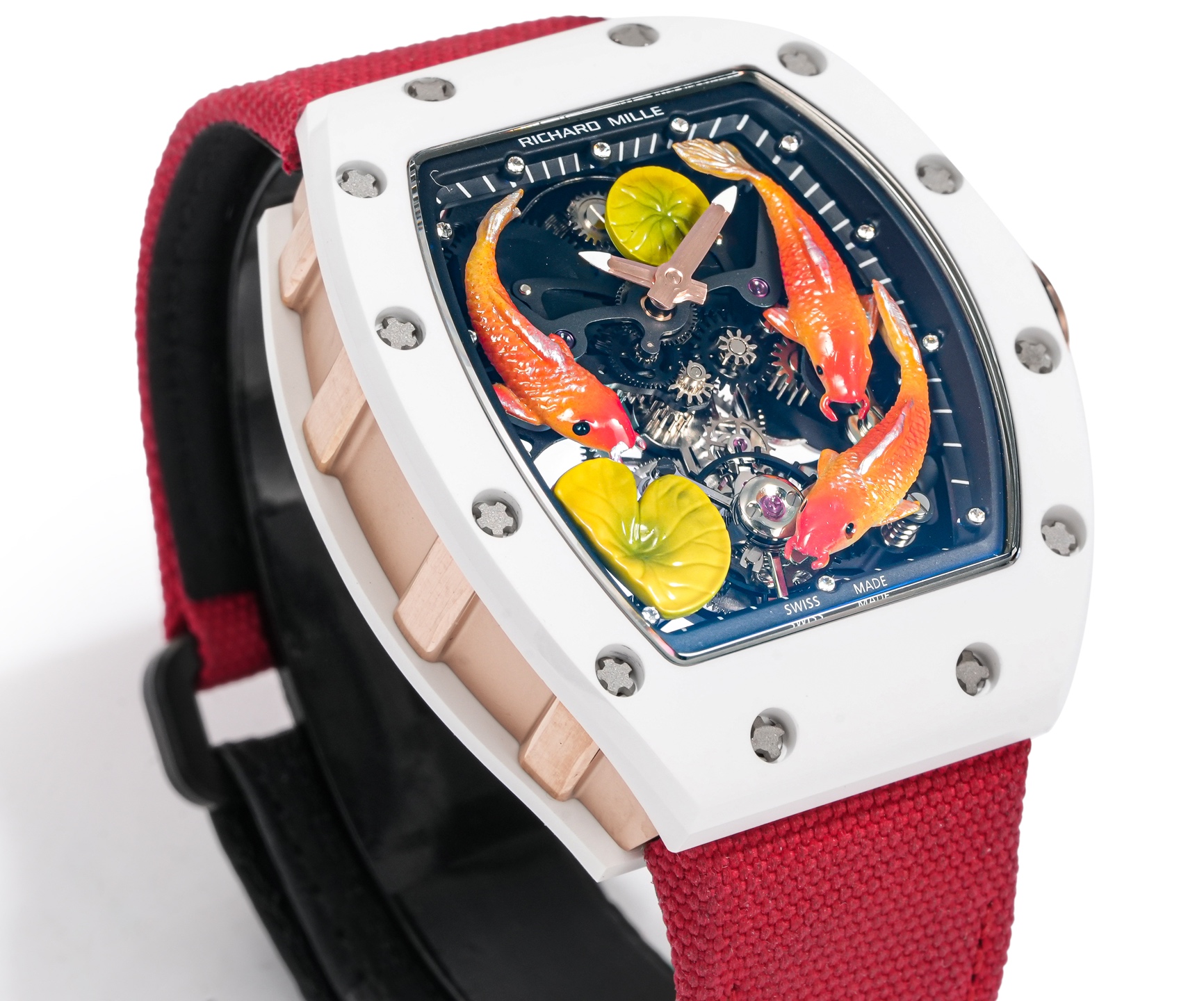 Richard Mille RM 57-03 Tourbillon Sapphire Koi Fish white case, black dial, red strap 38.7mm Men's Mechanical
