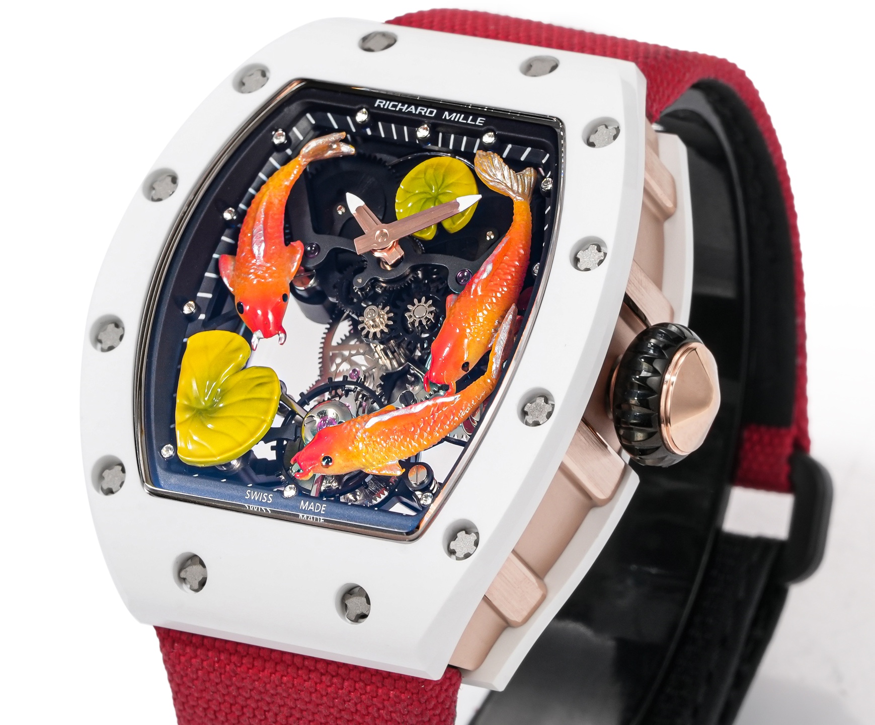 Richard Mille RM 57-03 Tourbillon Sapphire Koi Fish white case, black dial, red strap 38.7mm Men's Mechanical